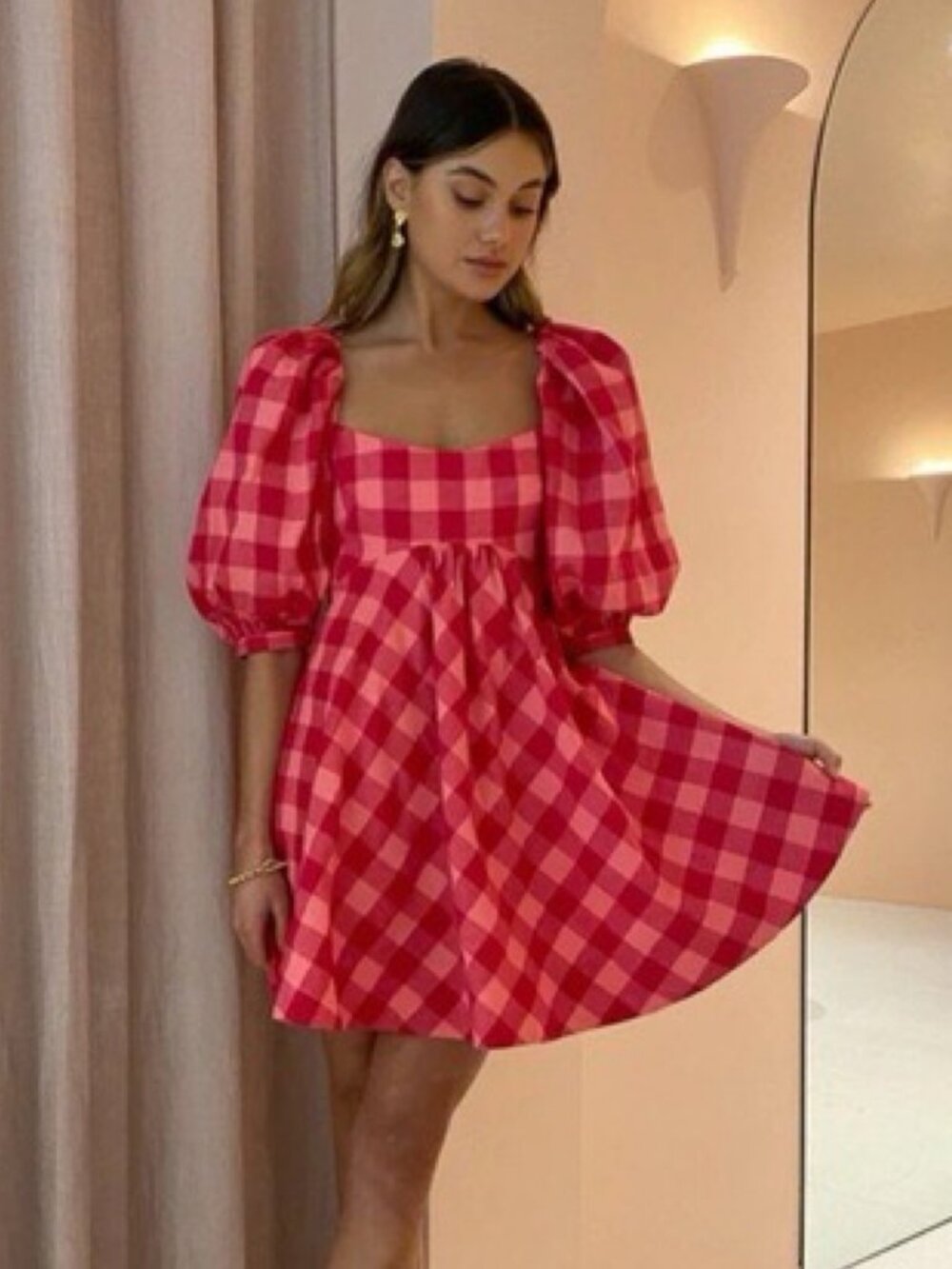 Acler Perry Gingham Balloon Sleeve Mini Dress in Red